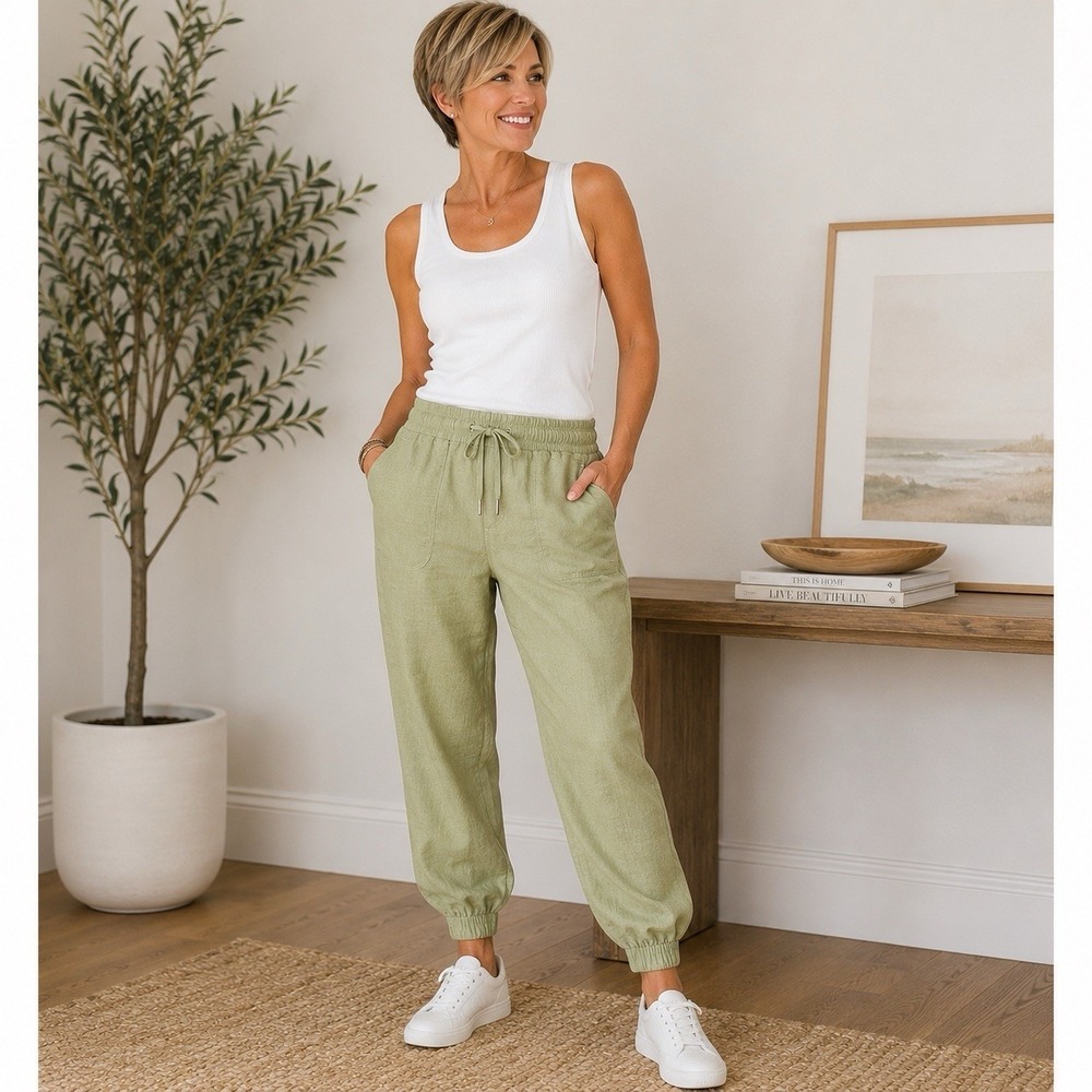 C&C California 100% Linen Jogger Pants Women's SMALL Sage Green MSRP $78